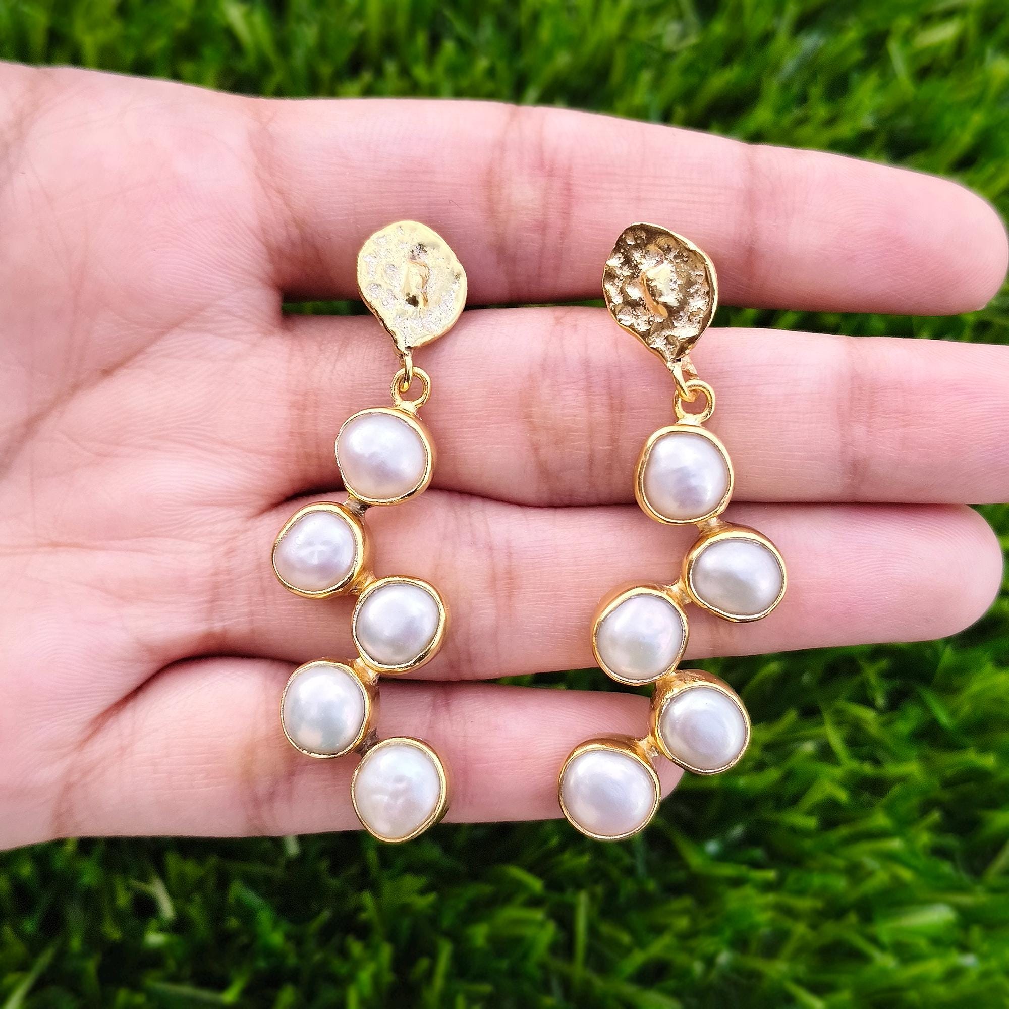 Hammered Gold Plated Baroque Pearl Drop Earrings: Handmade Statement Jewelry for her