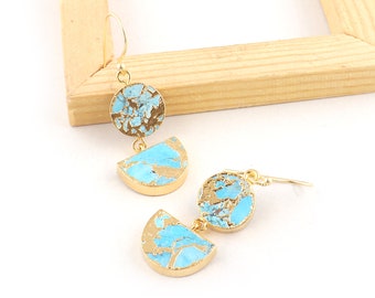 Boucles d'oreilles bleu cuivre turquoise : boucles d'oreilles pendantes en jade plaqué or