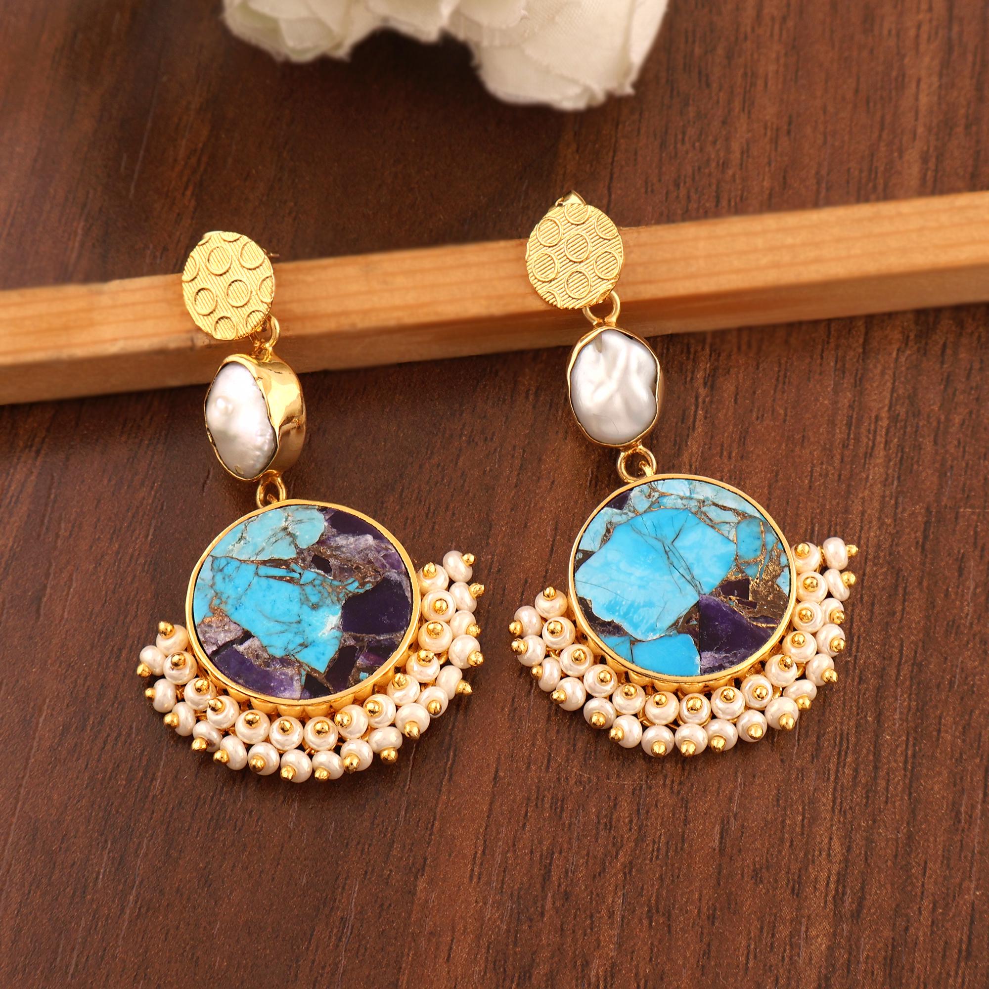 Blue Copper Turquoise and Pearl Dangle Earrings: Seed Bead Fan Drops