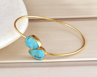 Handmade Gold Cuff Bracelet with Turquoise Stone - Boho Statement Bracelet - Adjustable Open Bangle - Teardrop Double Gemstone, Gift for Her