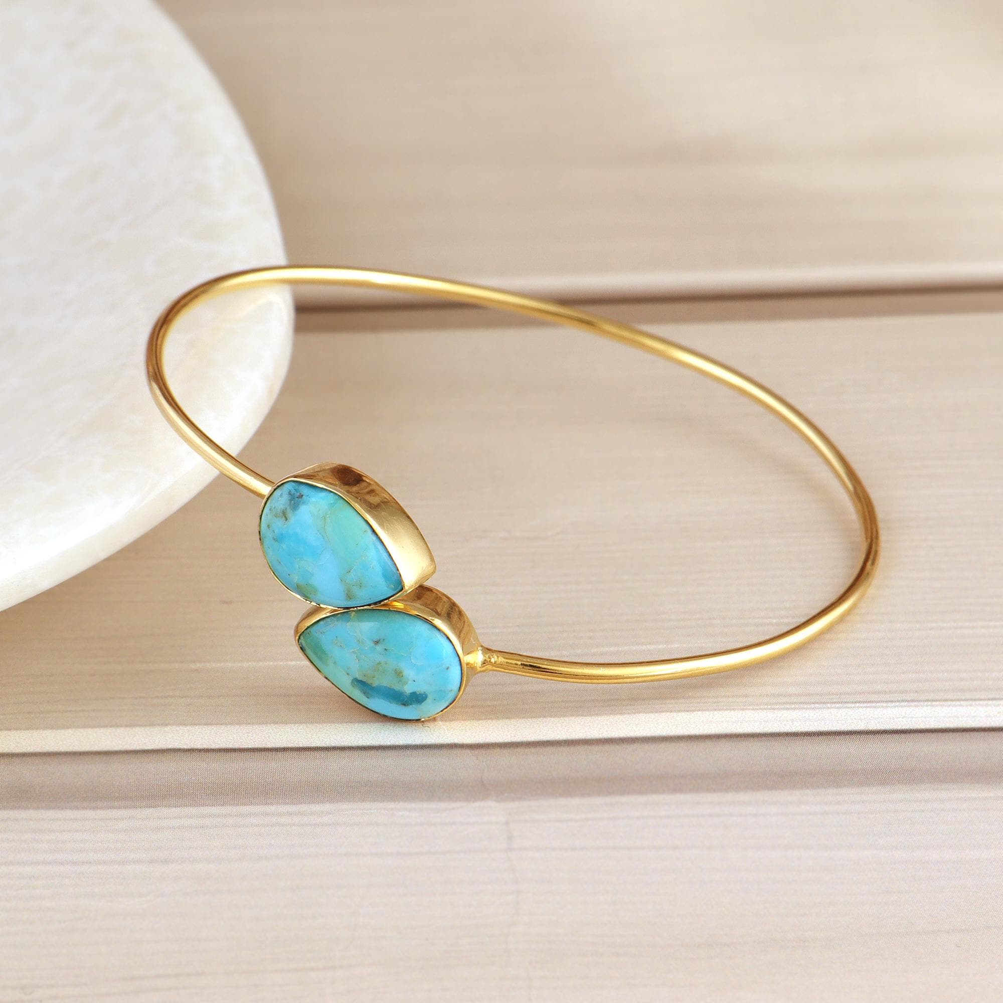 Handmade Gold Plated Cuff Bangle: Dual Turquoise Teardrop Boho Bracelet