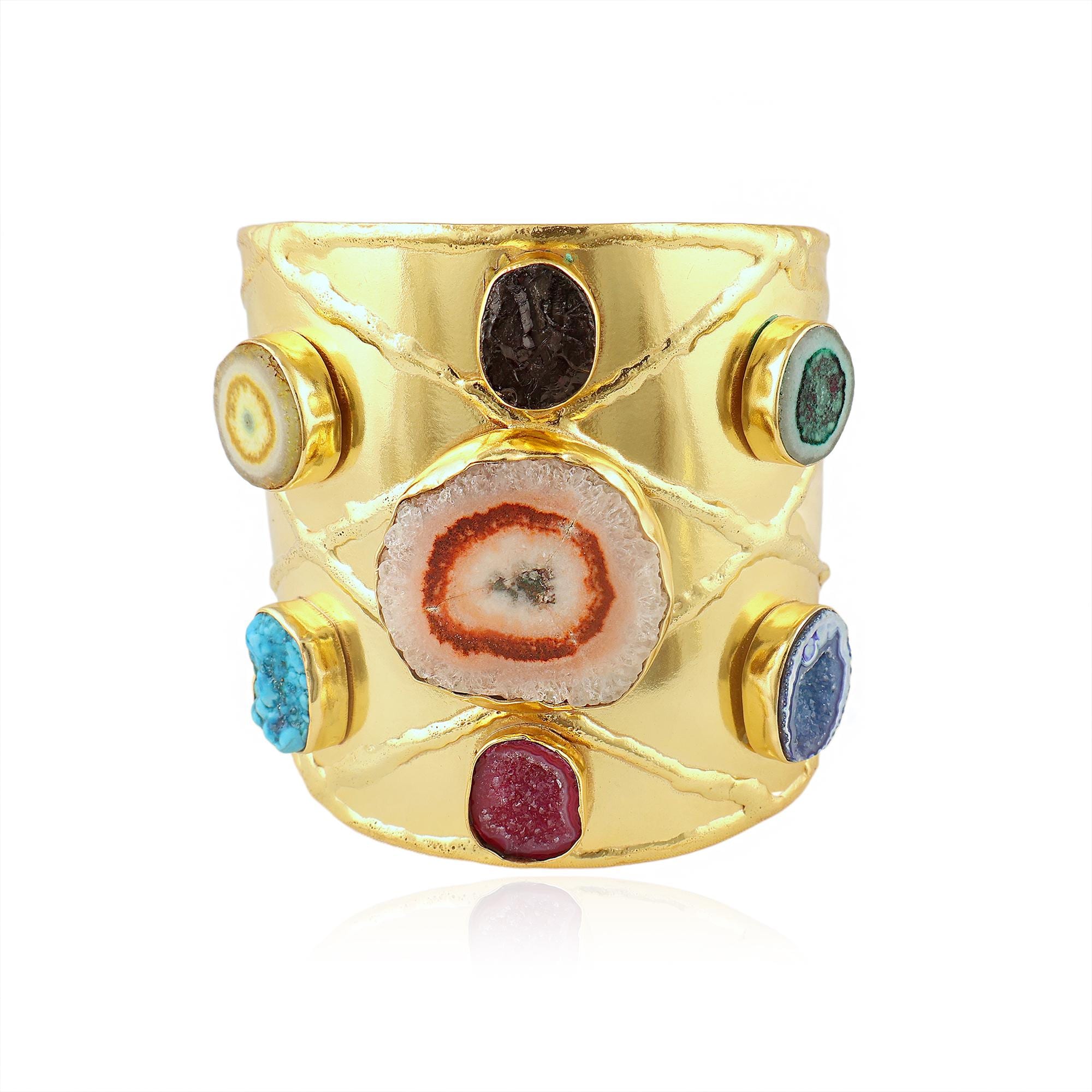 Solar Quartz Geode Druzy Multi Stone Cuff Bracelet – Statement Gold Plated Brass Wide Cuff