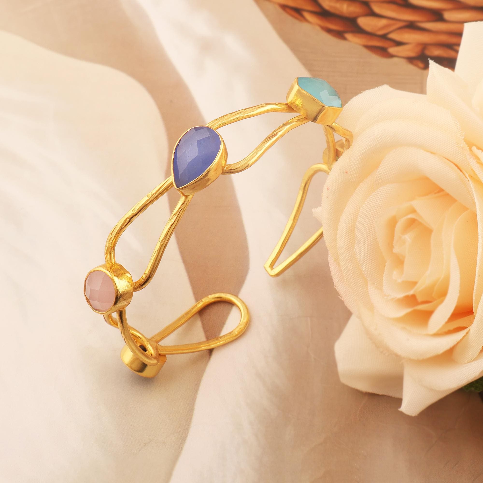 Multi-Gemstone Infinity Wire Open Cuff: 18k Gold Plated Organic Bohemian Bangle