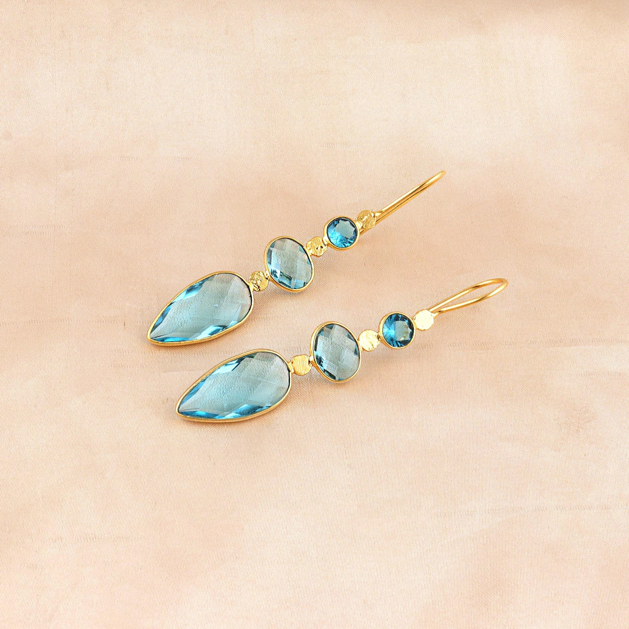 Sky Blue Quartz Hook Drop Earrings: Gold Plated Long Dangle Teardrop Gemstone Earrings
