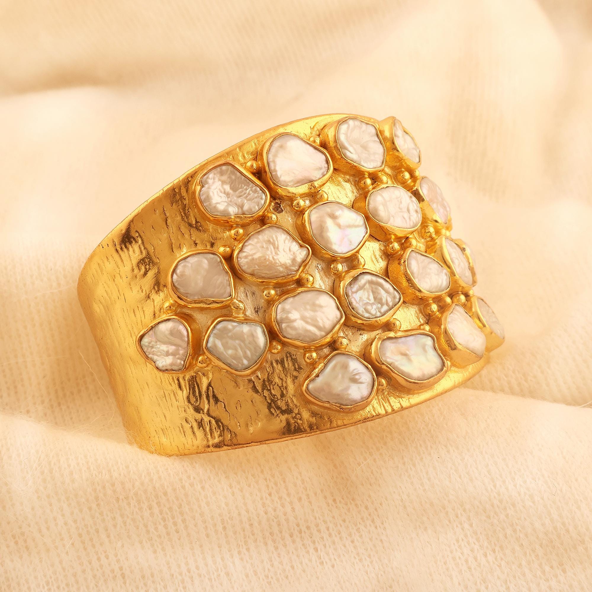 18k Gold Multi Freshwater Pearl Cuff Bracelet: Bohemian Textured Bangle for Her