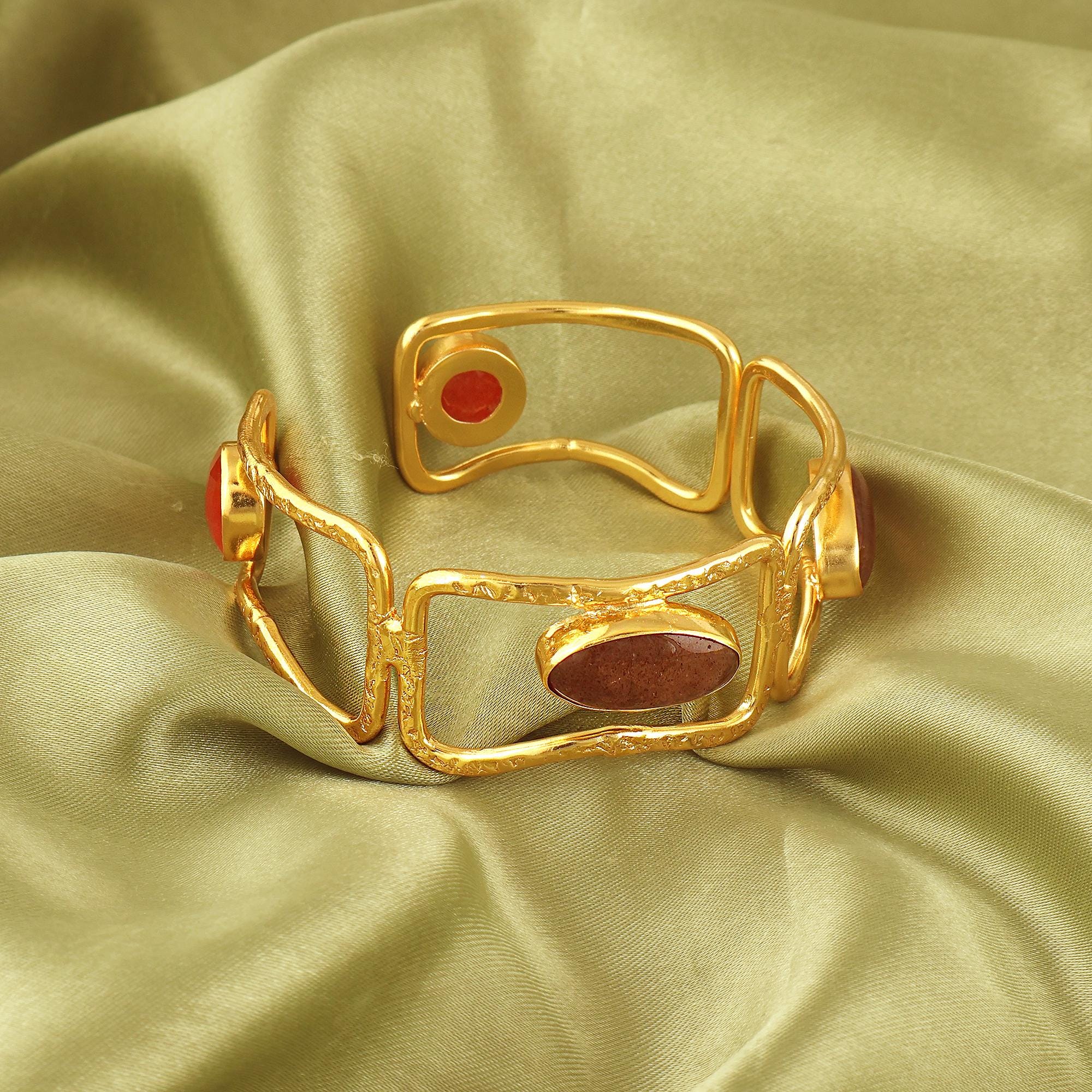 Cherry Quartz & Orange Jade Gold-Plated Brass Cuff Bracelet: Adjustable Boho Wide Bangle