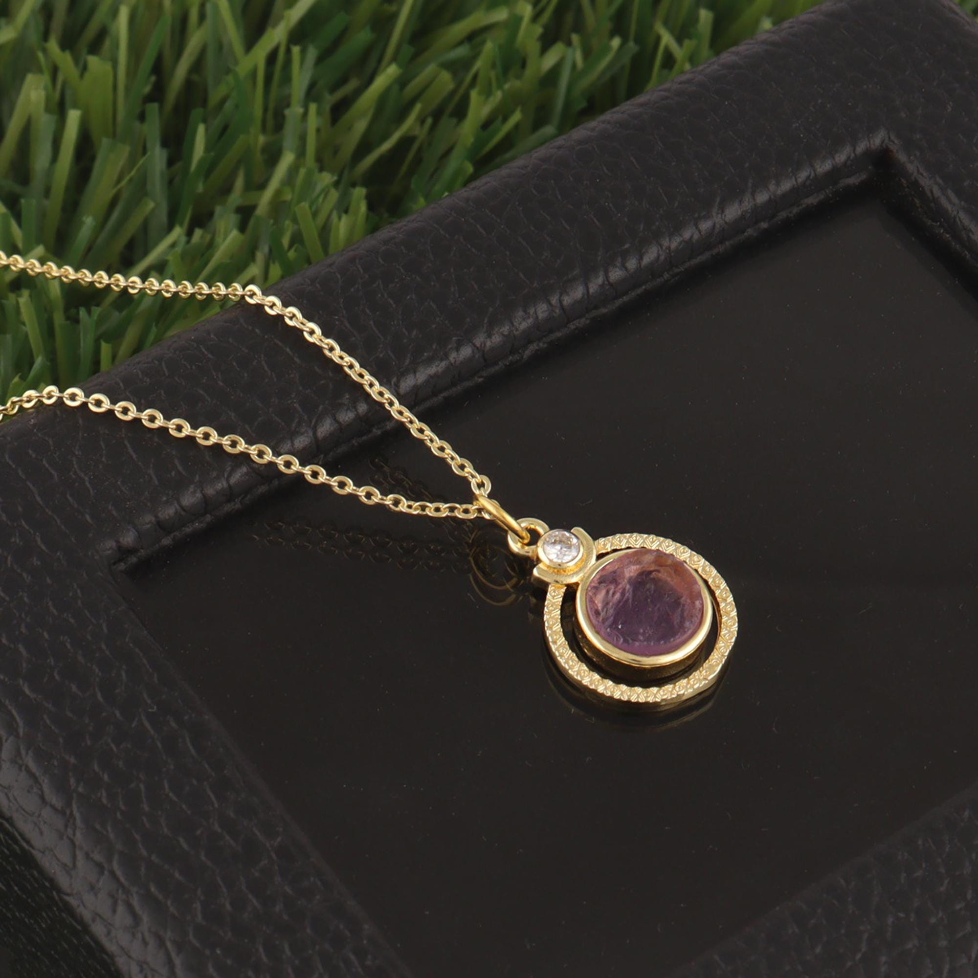 Orbital Gemstone Halo Necklace: 18k Gold Plated Citrine or Amethyst Pendant