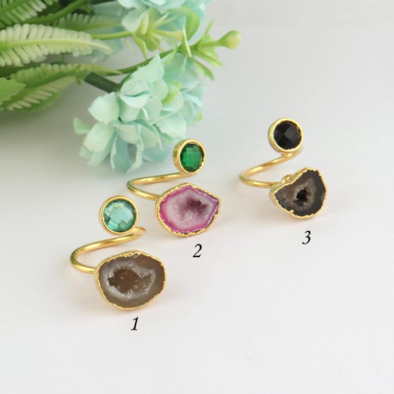18k Gold Plated Geode Druzy Ring: Adjustable Gemstone Ring