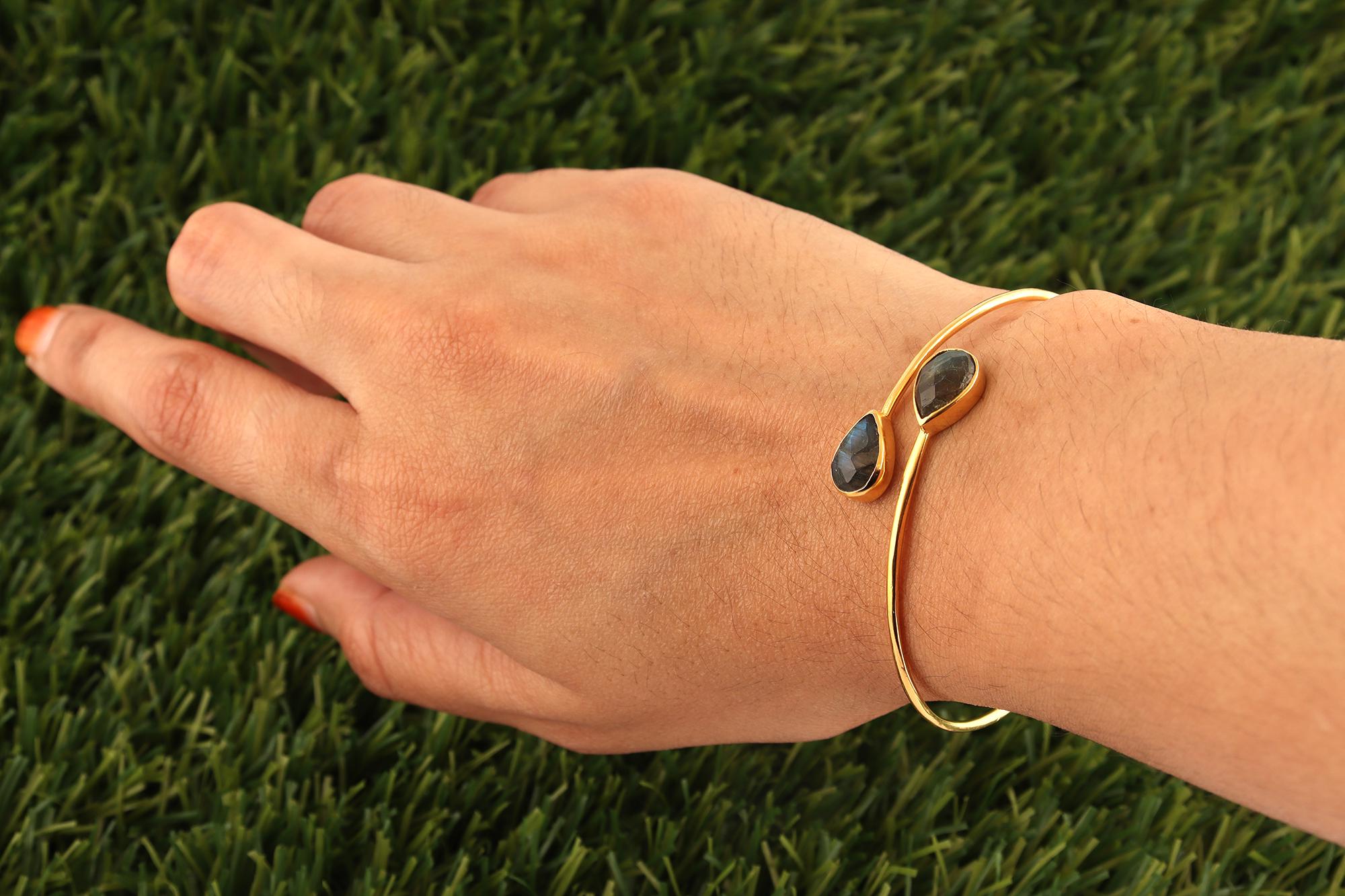 Labradorite Gold Plated Cuff Bracelet - Elegant Statement Jewelry - Brass Adjustable Bangle - Gift Items