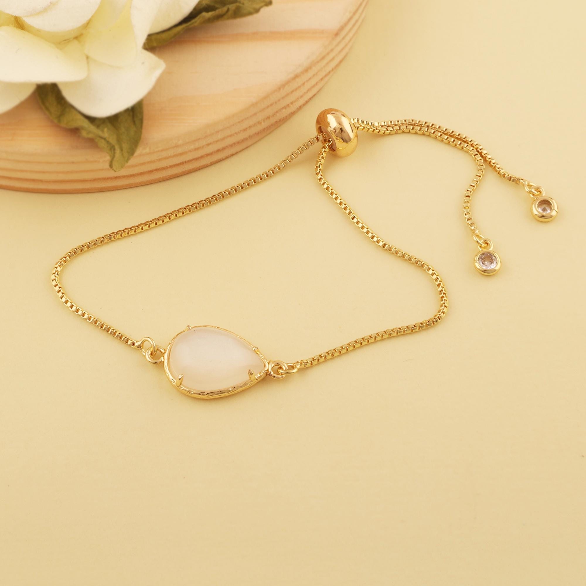 Teardrop Moonstone Gold Plated Slider Lock Bracelet: Adjustable Minimalist Jewelry