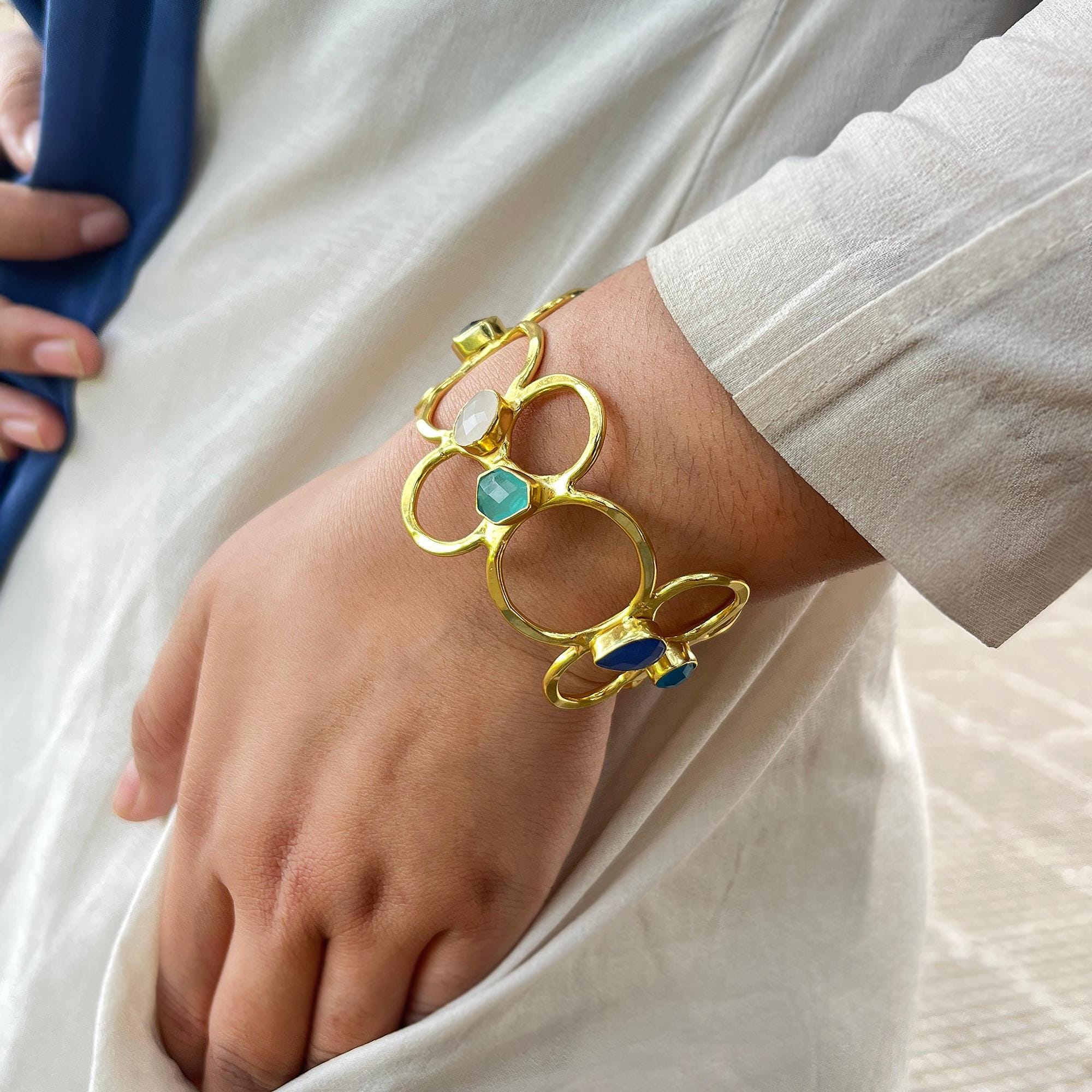 Multi Circle Cuff with Multi Stones: 18k Gold Plated Open Bracelet