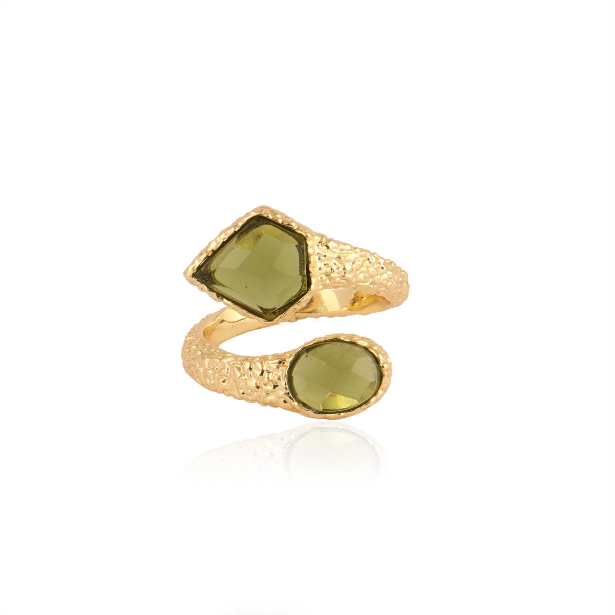 18k Gold Plated Moldavite Ring: Adjustable Gemstone Statement Ring