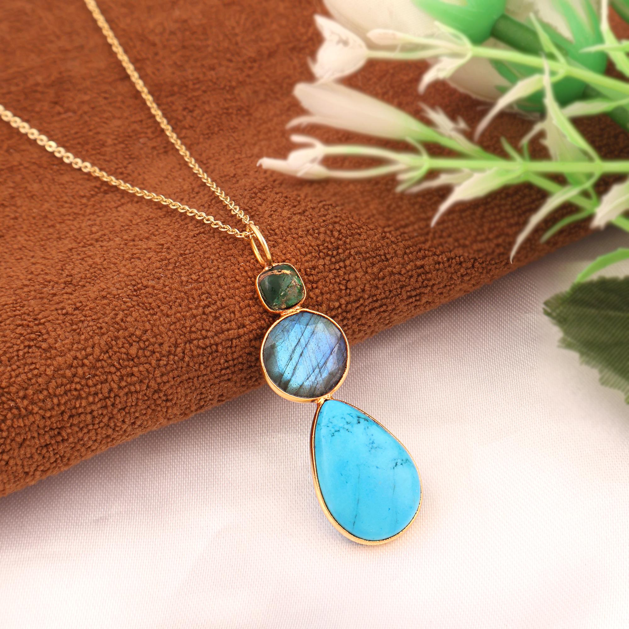 Mohave Copper Turquoise Labradorite Pendant Necklace: Boho Statement Gemstone Necklace Jewelry Handmade Gift