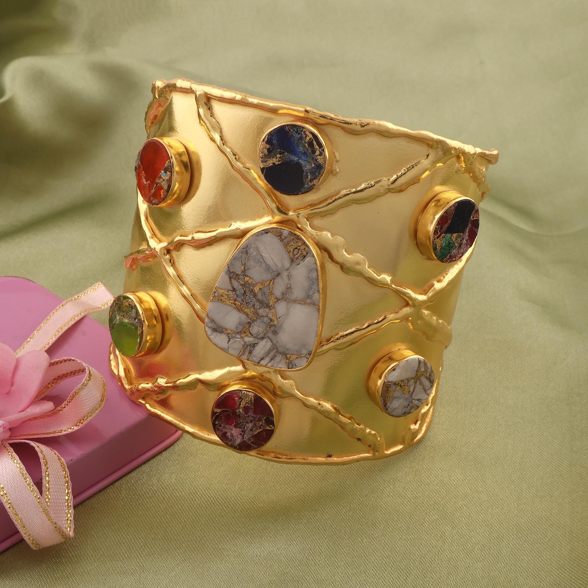 Copper Turquoise Gold Cuff Bracelet: Multi Color Boho Wide Bangle