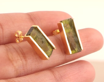 Moldavite Bar Stud Earrings: 18k Gold Plated Green Crystal