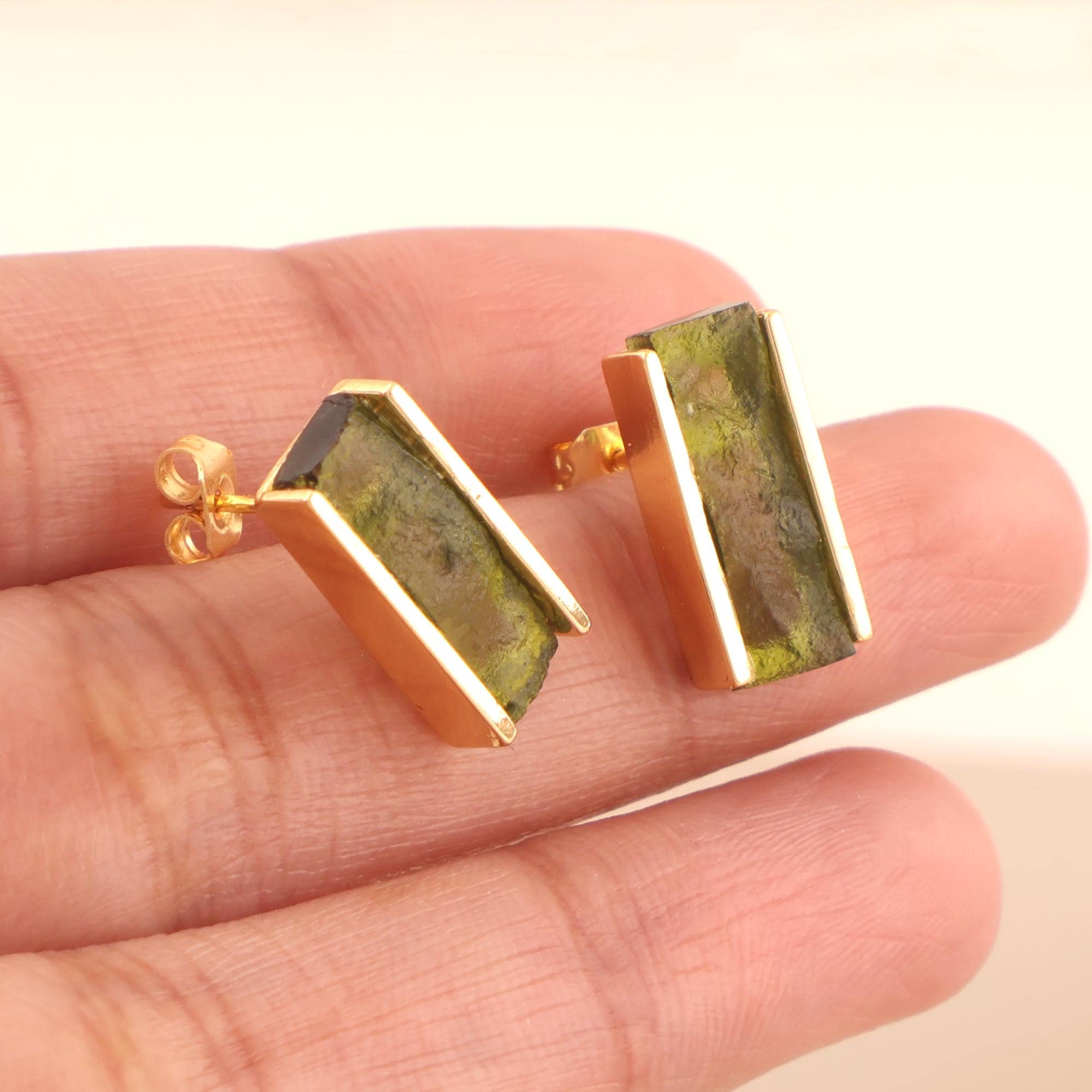 Moldavite Bar Stud Earrings: 18k Gold Plated Green Crystal