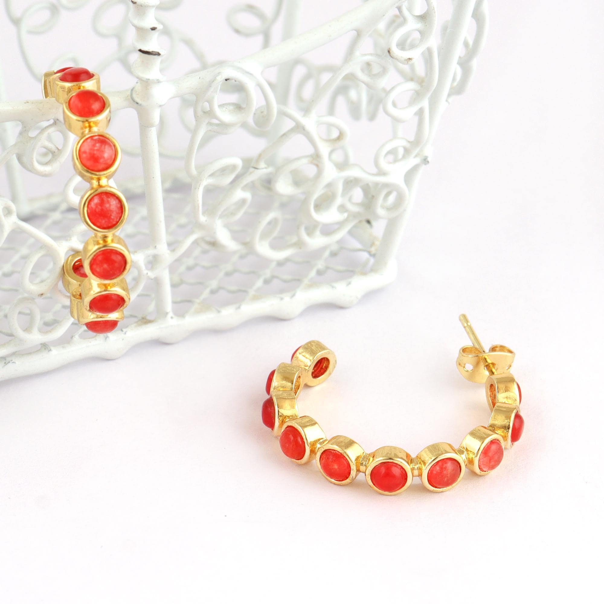 Red Jade Hoop Earrings: 18k Gold-Plated Brass, Round Studs