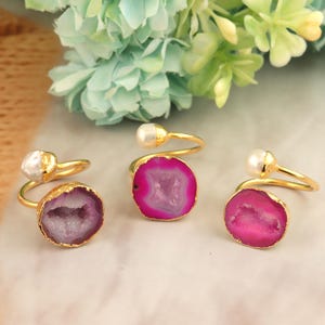 Geode Druzy Rings with Pearl - Druzy Gemstone Ring - Gold Plated Quartz Ring - Handmade Ring For Women - Natural Geode Ring -
