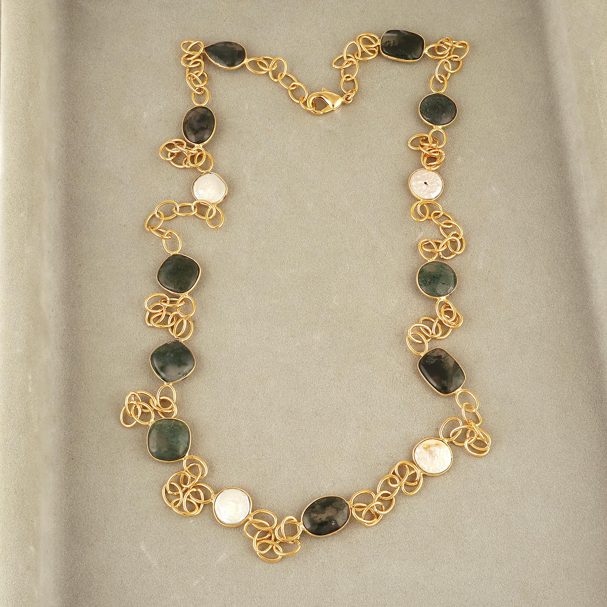 Moss Agate and Natural Pearl Necklace – Gold Chain Gemstone Statement Necklace