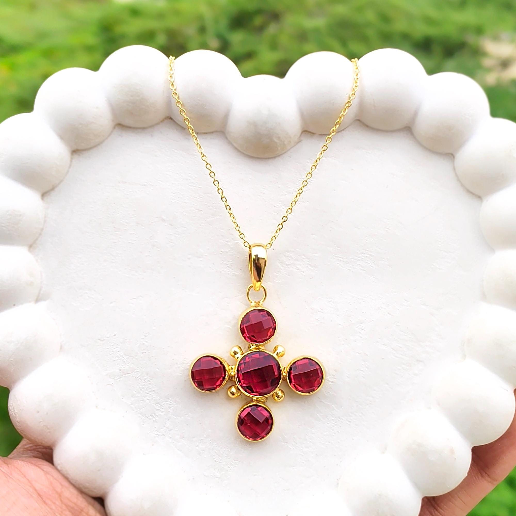 Pink Fuchsia Round Shape Gemstone Pendant - 18k Gold Plated Cross Charm Necklace