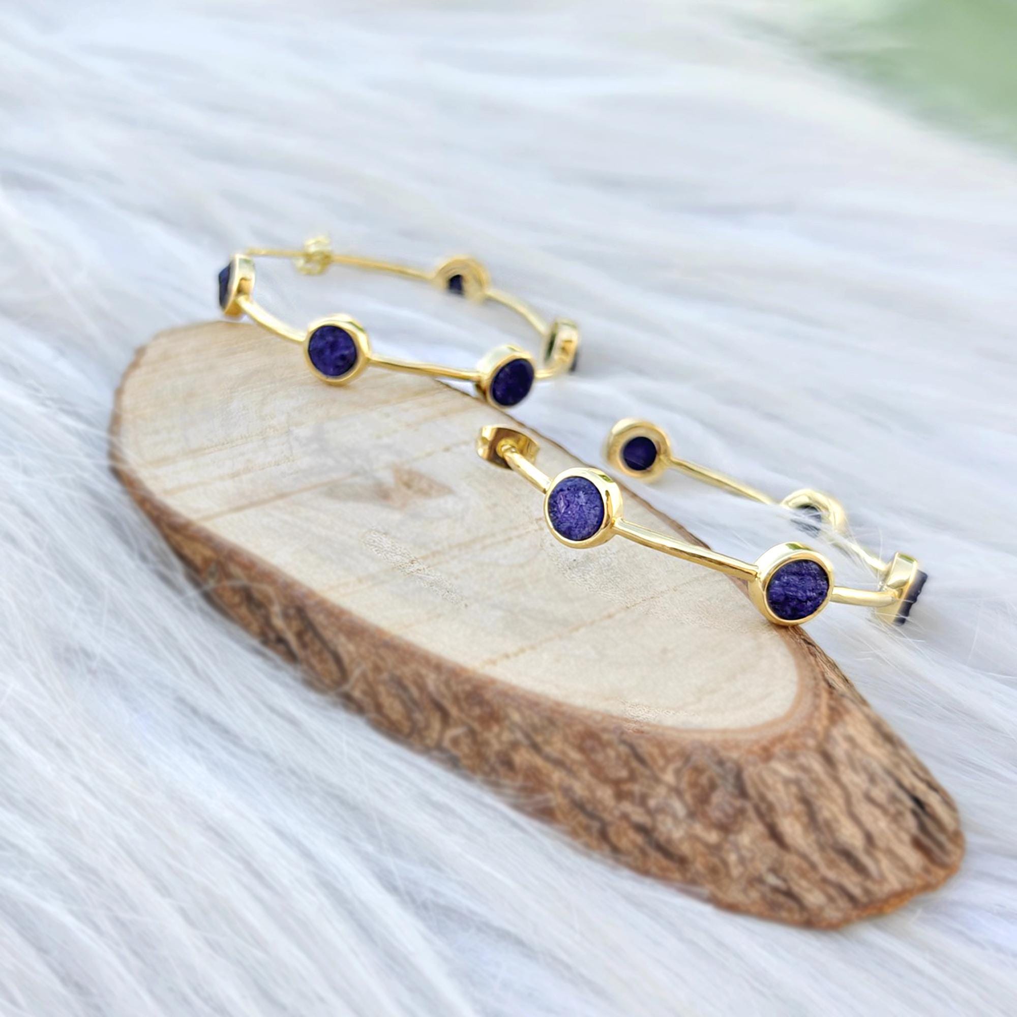 18k Gold-Plated Hoop Earrings: Round Multi-Colored Natural Gemstone Studs