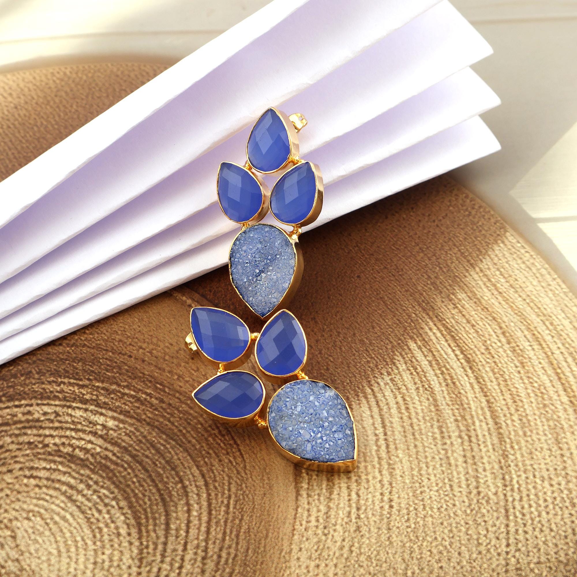 Agate Druzy Floral Drop Earrings: Gold Plated Blue Chalcedony & Sugar Druzy
