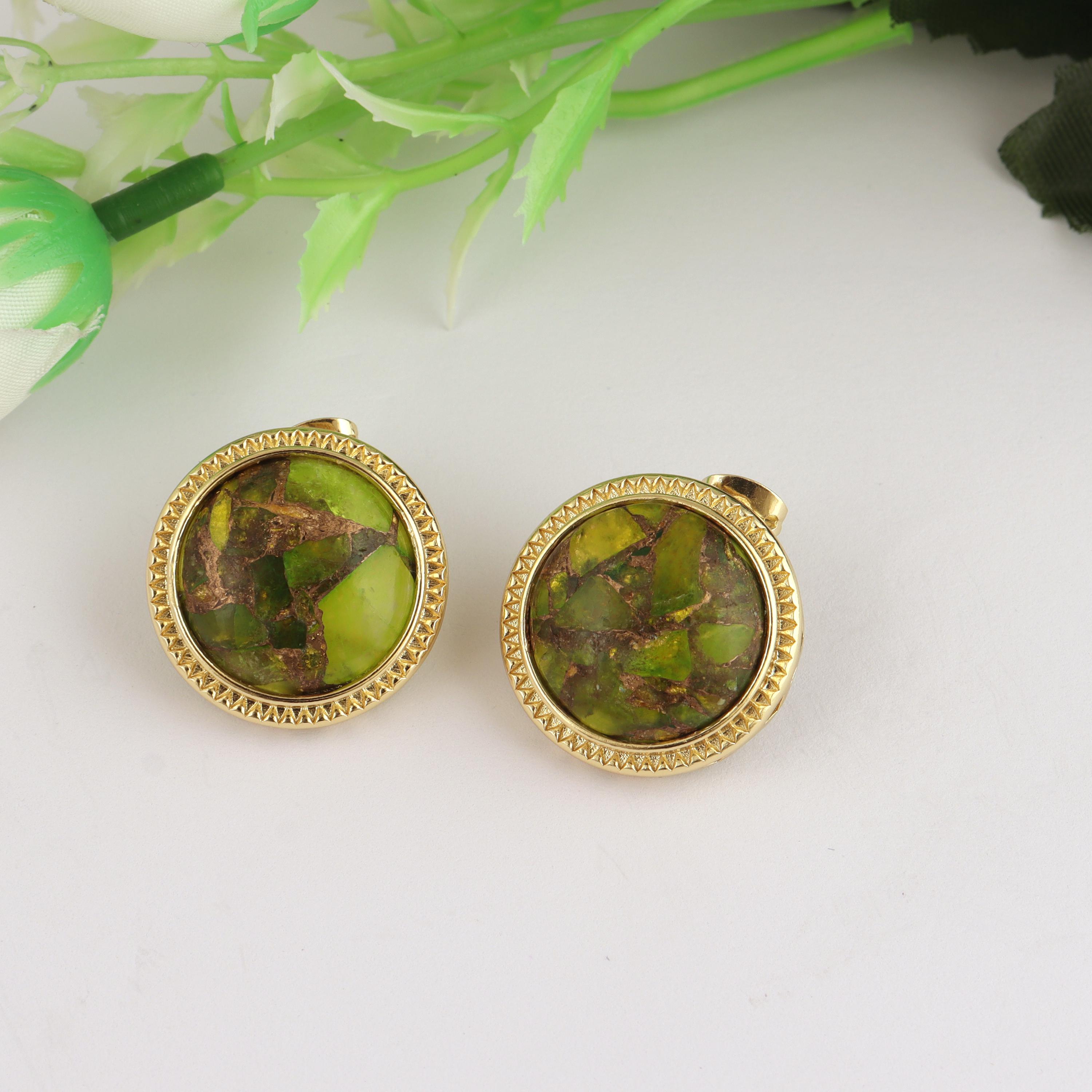 Gold Plated Copper Turquoise Earrings: Round Brass Studs