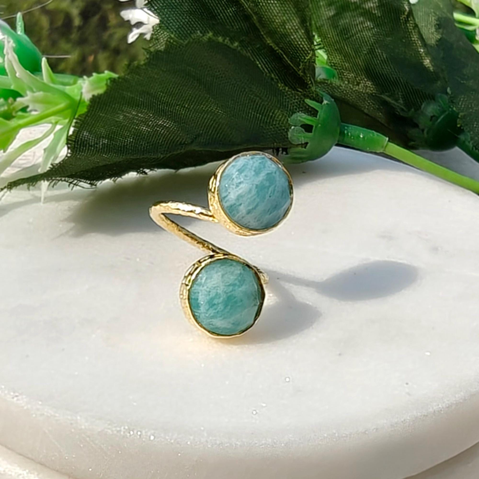Double Stone Adjustable Amazonite Bypass Ring: Hammered Gold Open Band