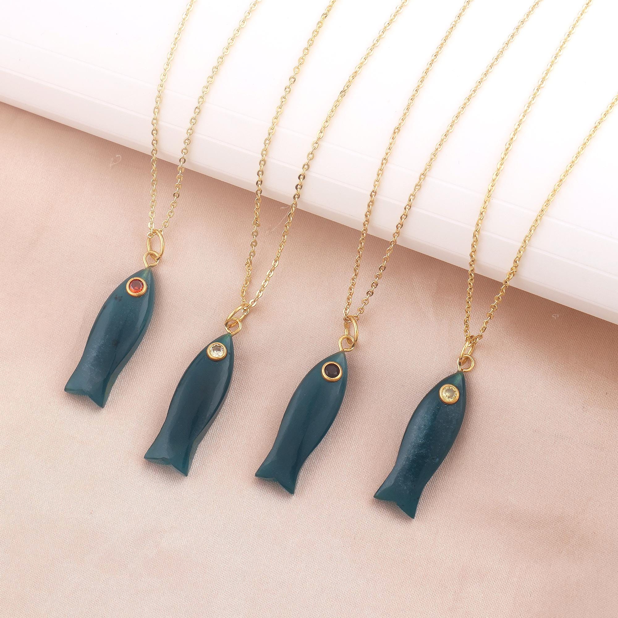 Apatite Jade Fish Pendant Necklace: Gold Plated Chain