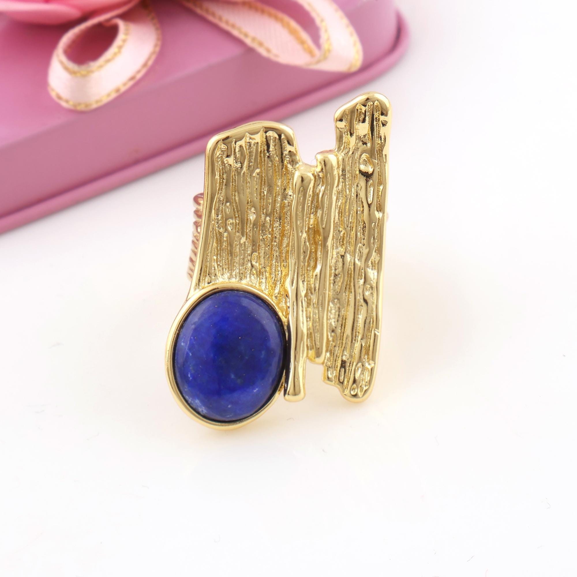 Natural Lapis Lazuli Gemstone Ring: Textured Gold Plated Statement Ring