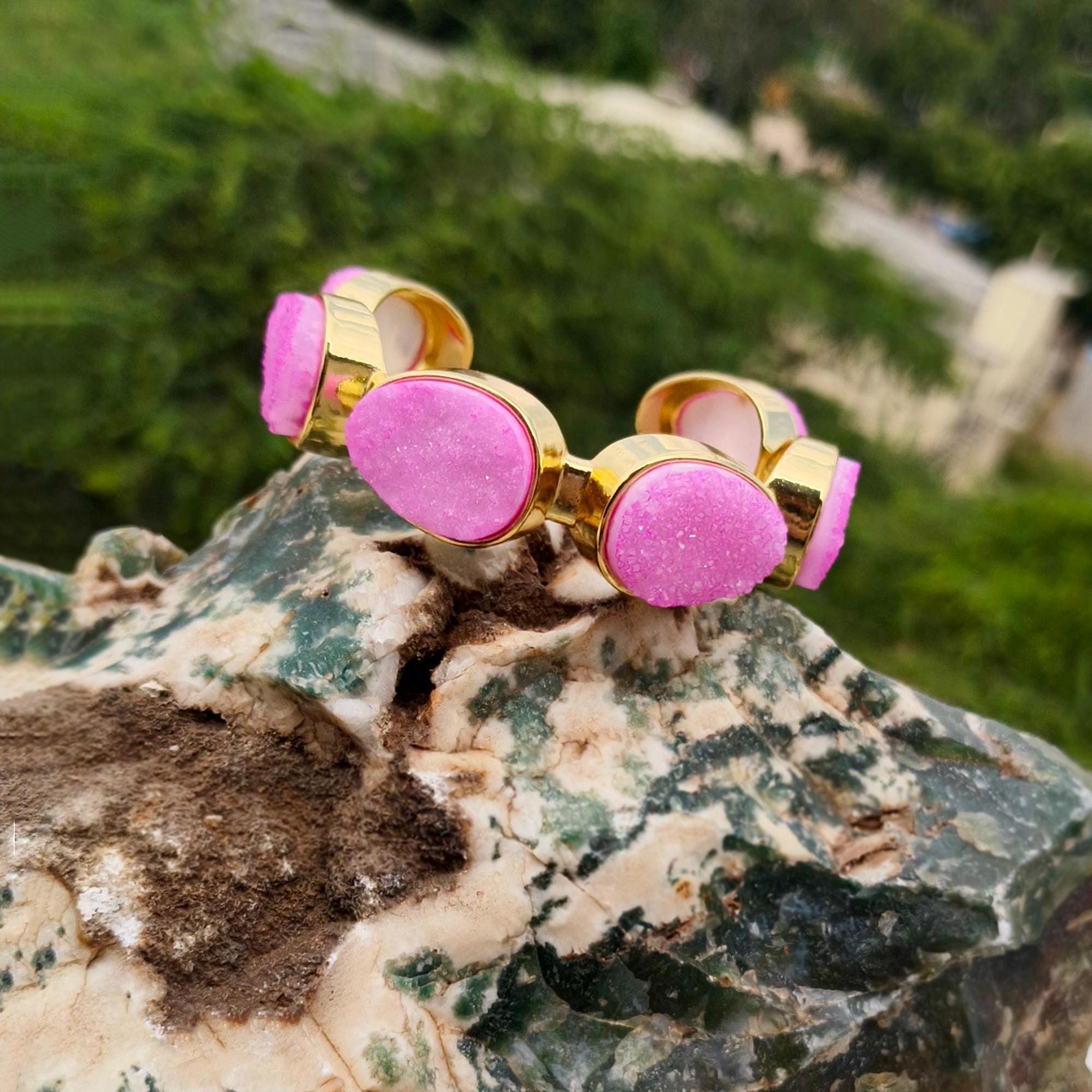 Pink Sugar Druzy Cuff Bracelet - 18k Gold Plated Brass Bangle
