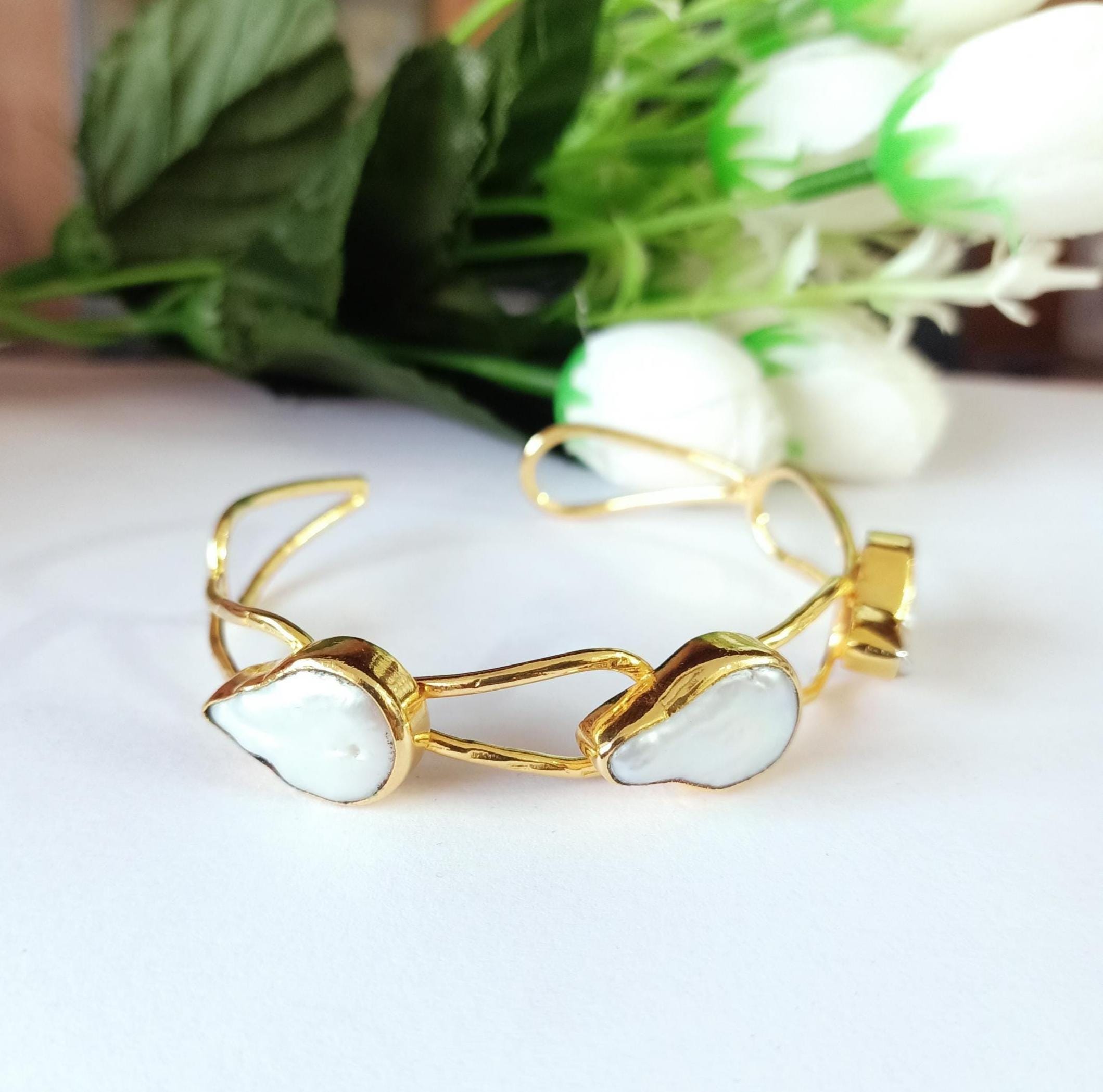 18k Gold-Plated Brass Cuff Bracelet: Elegant Freshwater Pearl Handmade Bangle