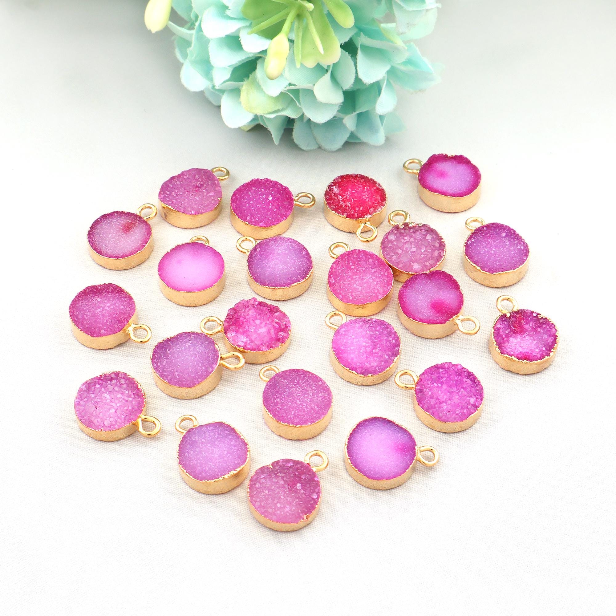 Pink Agate Druzy Connector Charms: Gold Electroplated, - 23 Pcs