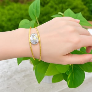 Handmade Gold Cuff Bracelet with Howlite Turquoise - Boho Statement Bracelet - Adjustable Open Bangle - Oval Gemstone Cuff, Gift for Her