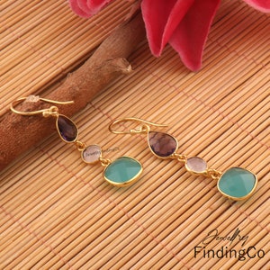 Amethyst & Chalcedony Hook Earrings, 18k Gold Plated Drop Dangle, Bezel Set Gemstone Jewelry, Handmade Earrings, Perfect Gift for Her