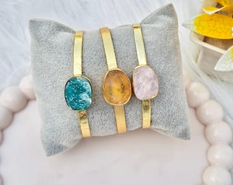 Raw Gemstone Cuff Bracelet - 18k Gold Plated Adjustable Bangle - Crystal Healing Jewelry
