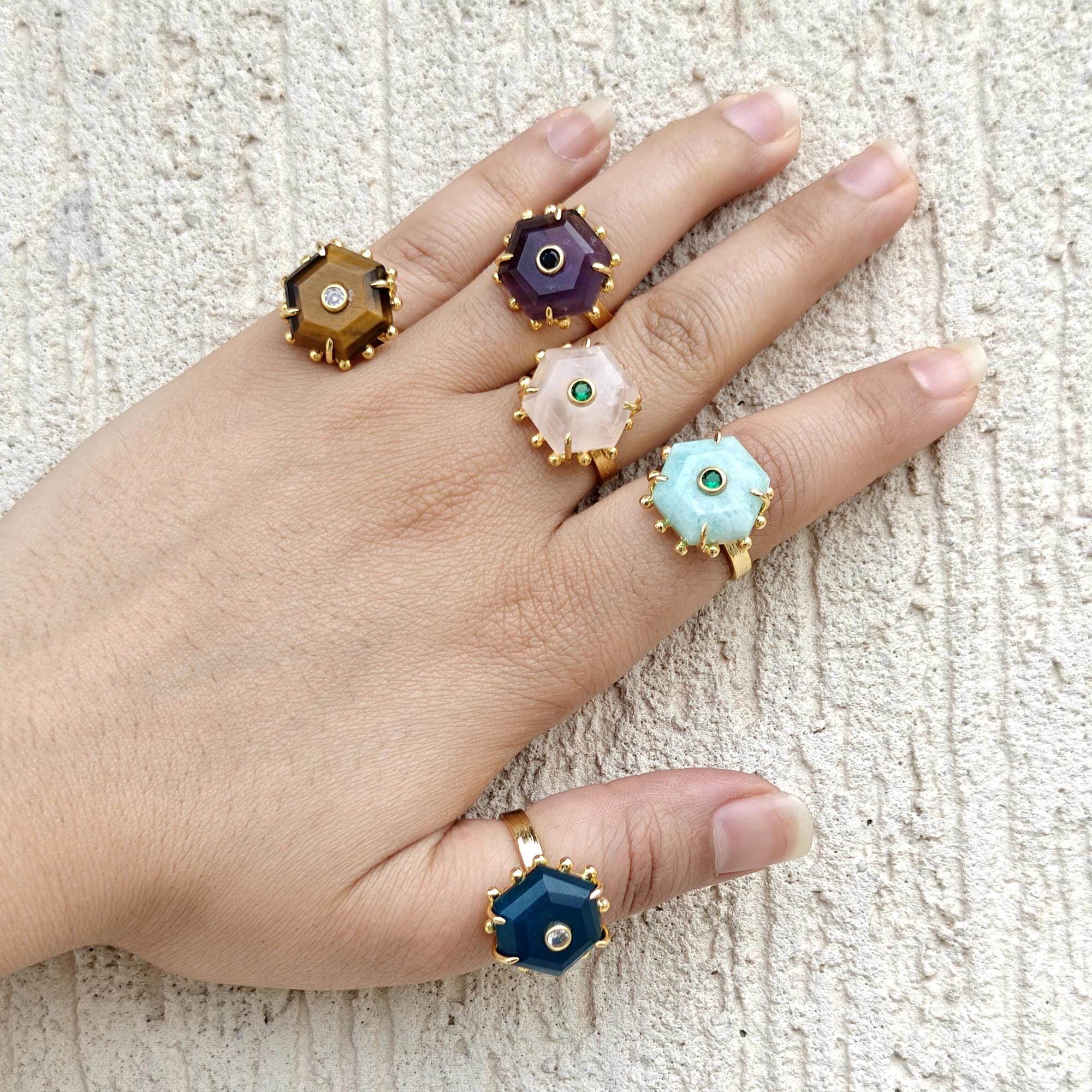 Hexagon Gemstone Statement Ring: Amethyst Amazonite Tiger Eye Rose Quartz or Apatite Jade