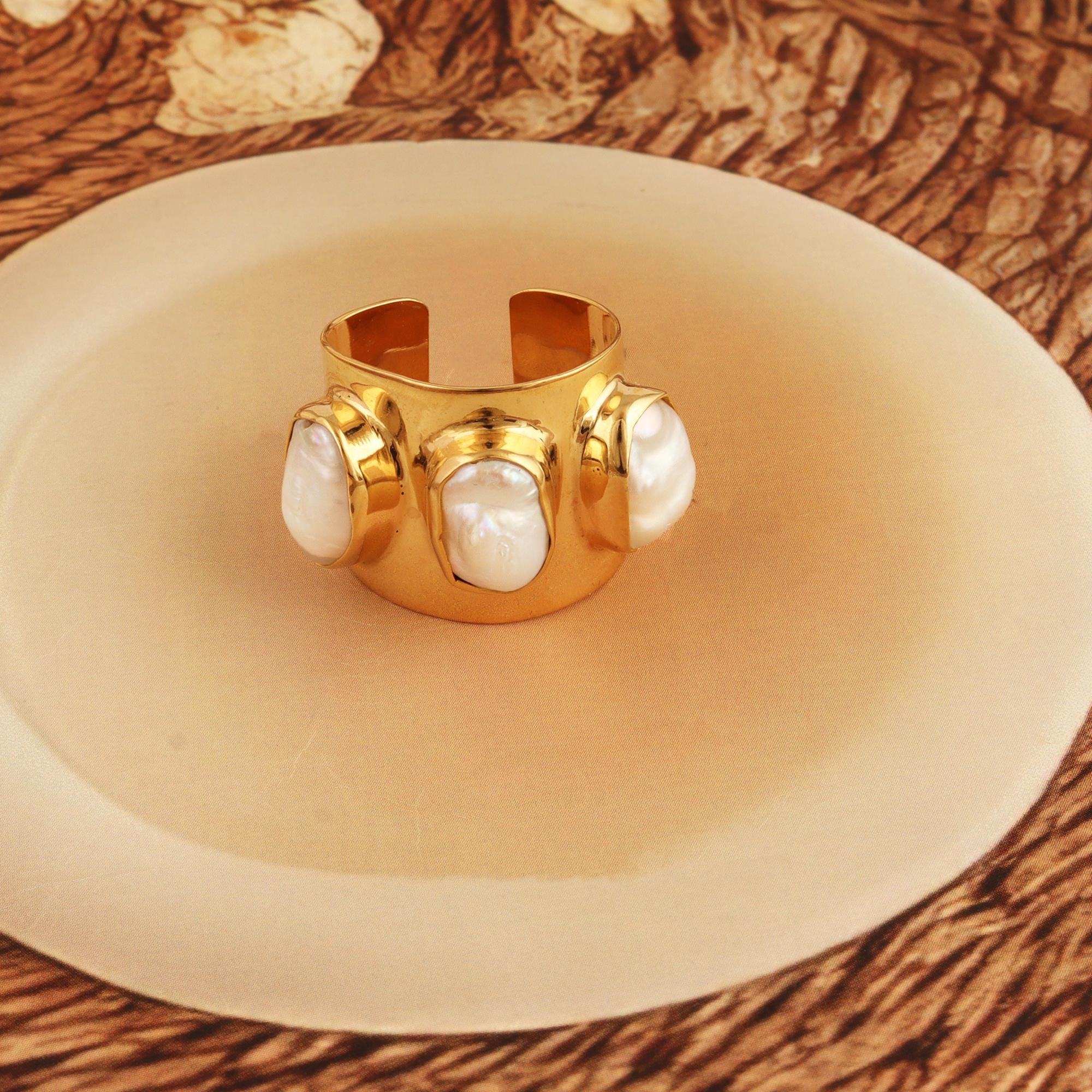 18k Gold Plated Baroque Pearl Ring: Handmade Statement Jewelry