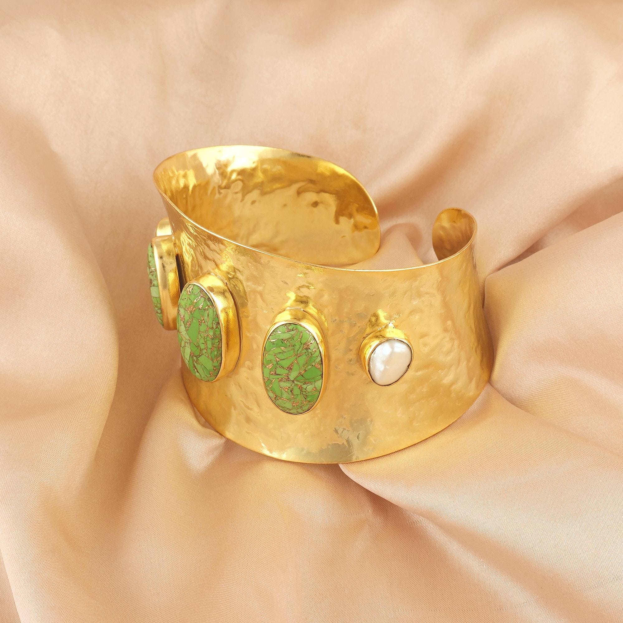 Green Copper Turquoise & Pearl Cuff Bracelet – Hammered Gold Plated Brass Bangle