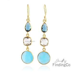 Custom Multi-Stone Dangle Earrings, Hydro Quartz Hook Earring, 18k Gold Plated Gemstone Earring, Birthstone Earrings For Women
