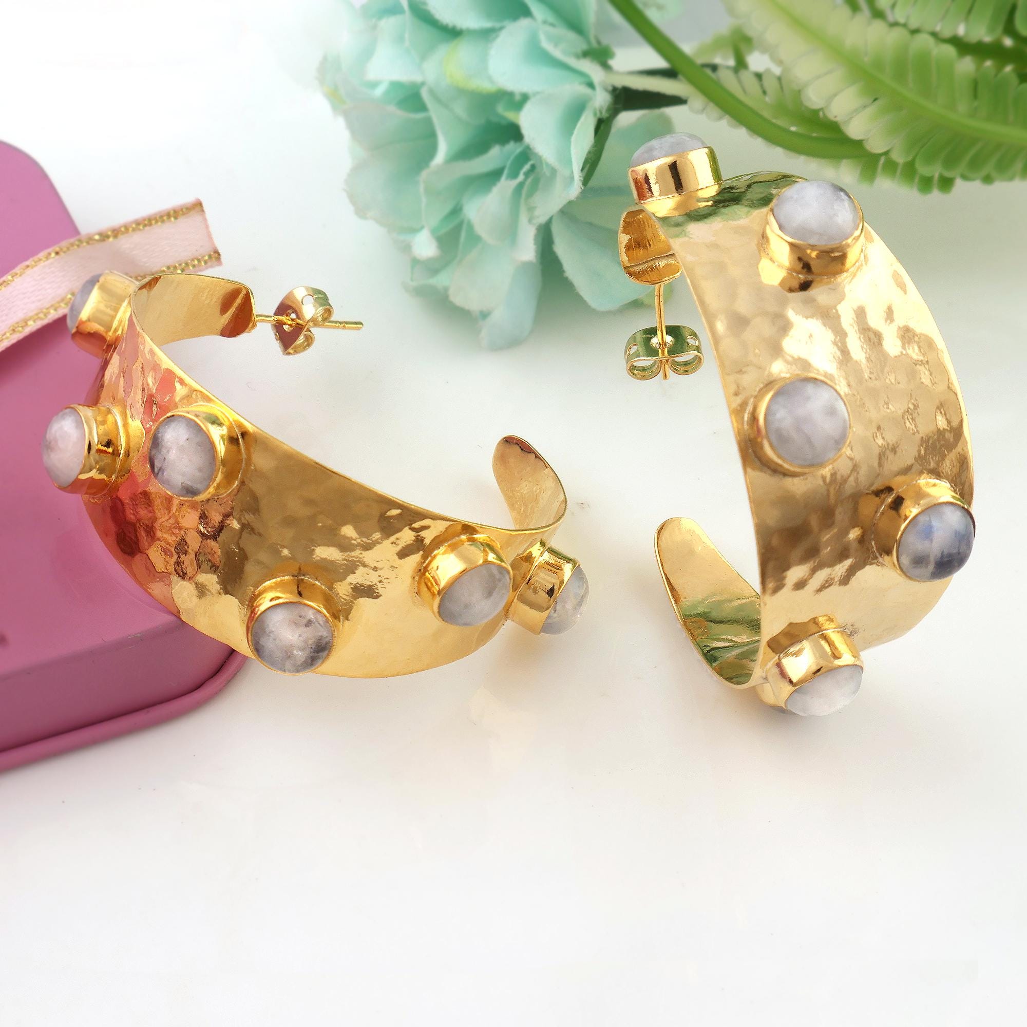 Handmade Moonstone Hoop Earrings: Hammered Gold Plated Dangle Hoops
