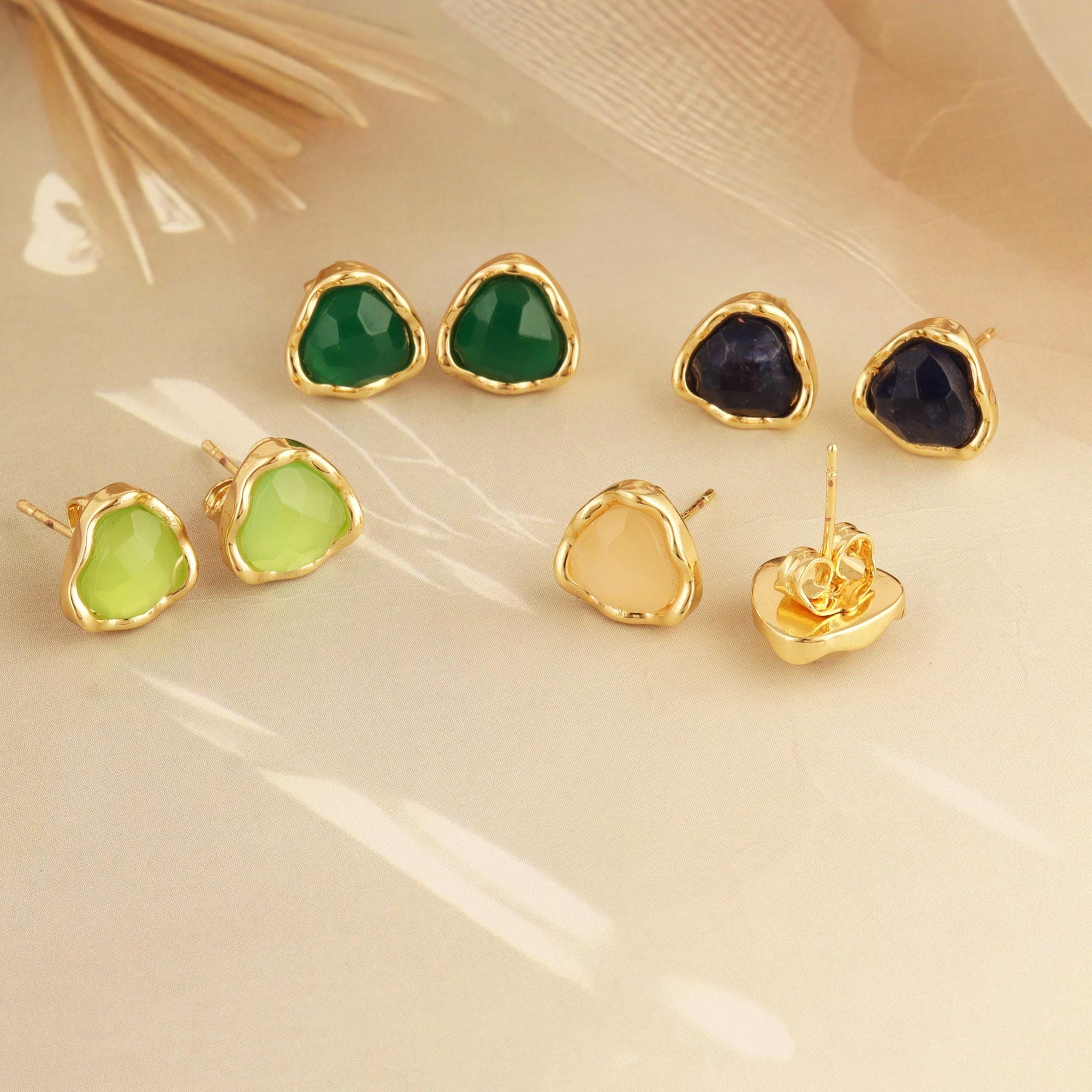 Green Onyx Trillion Stud Earrings: 18k Gold Plated Dainty Minimalist Jewelry