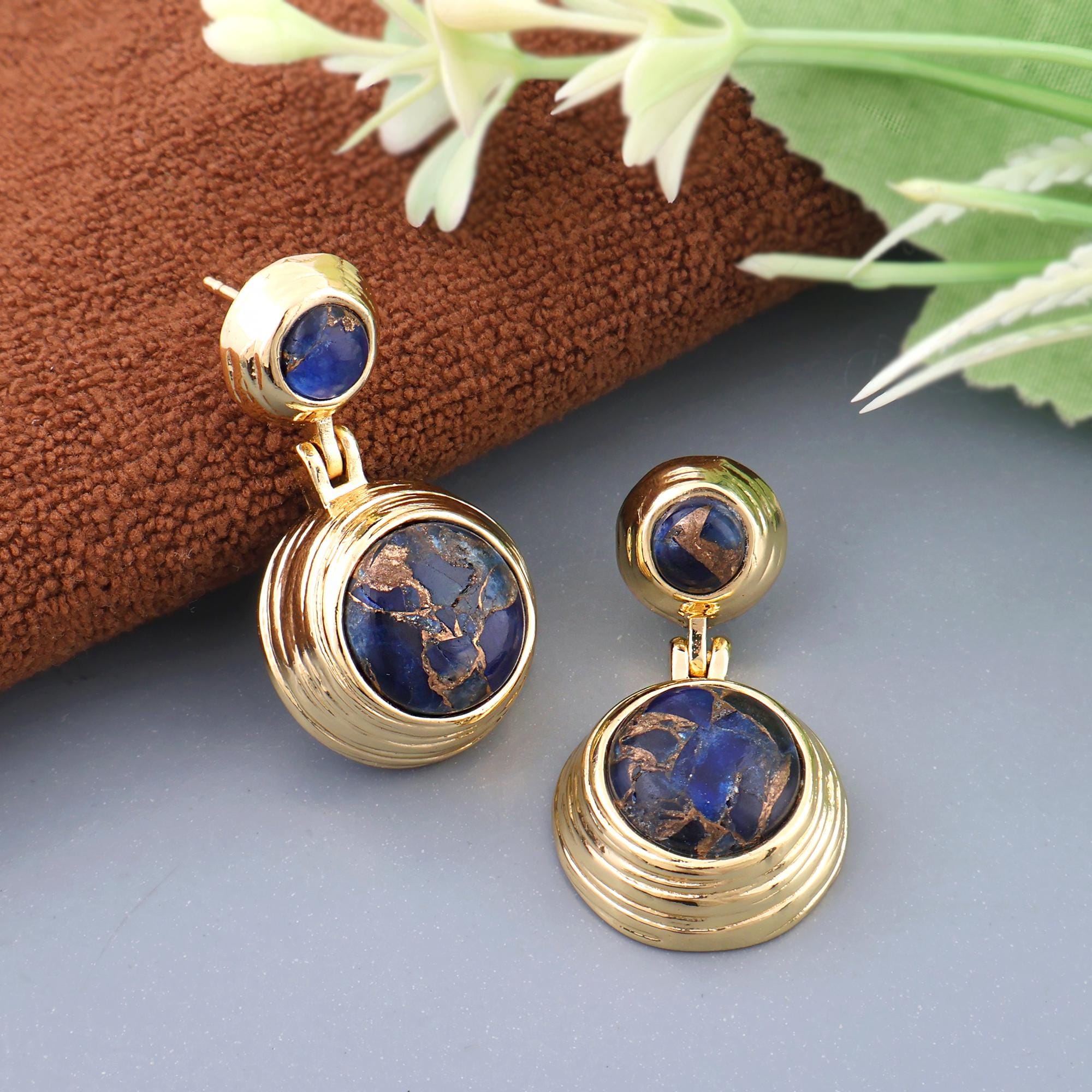 Gold Drop Stud Earrings with Gemstone Cabochons: Prehnite Jade