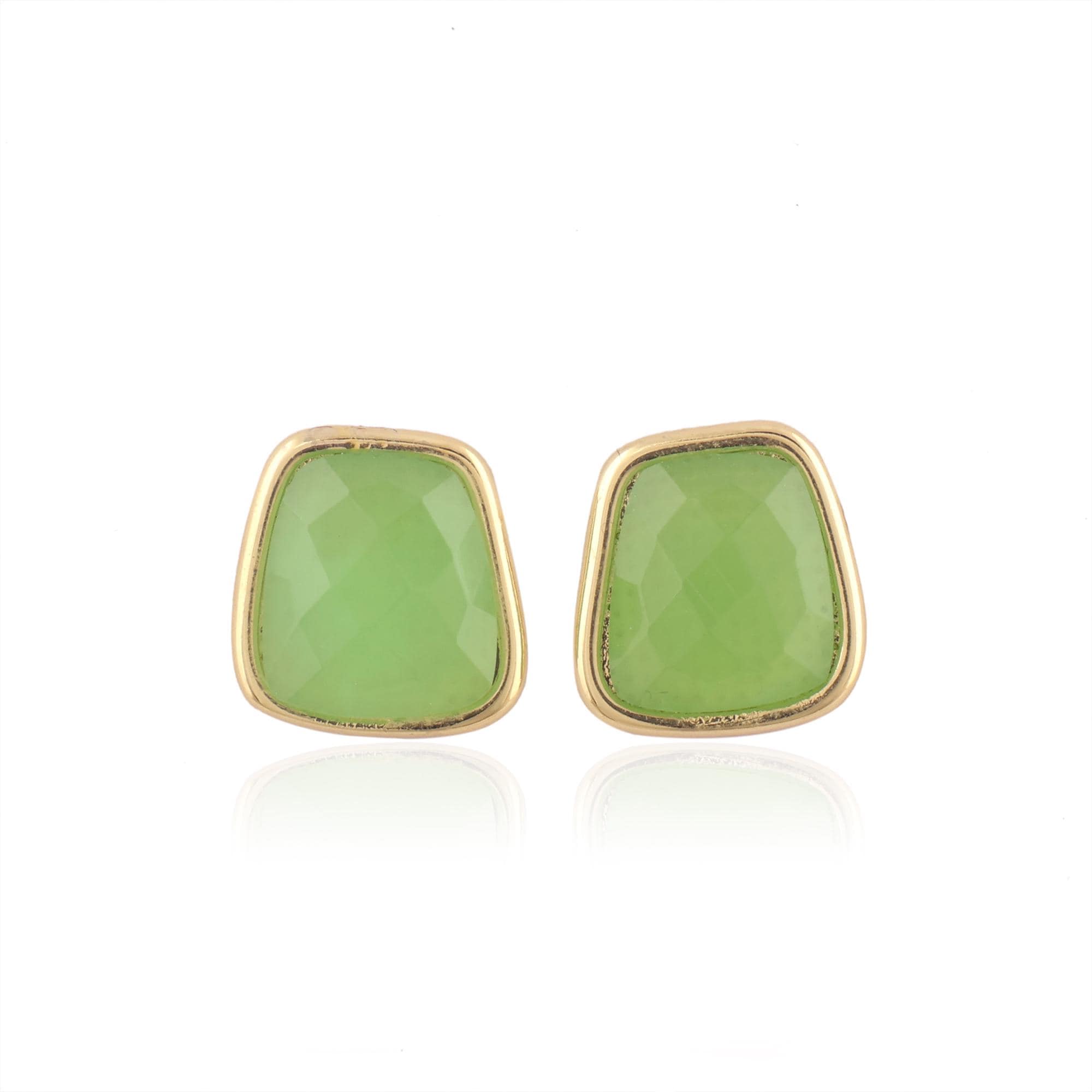 Prehnite Chalcedony Stud Earrings - 18k Gold Plated Checker Cut Gemstone