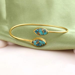 Handmade Gold Cuff Bracelet: Turquoise & Marquise Gemstone Boho Bangle