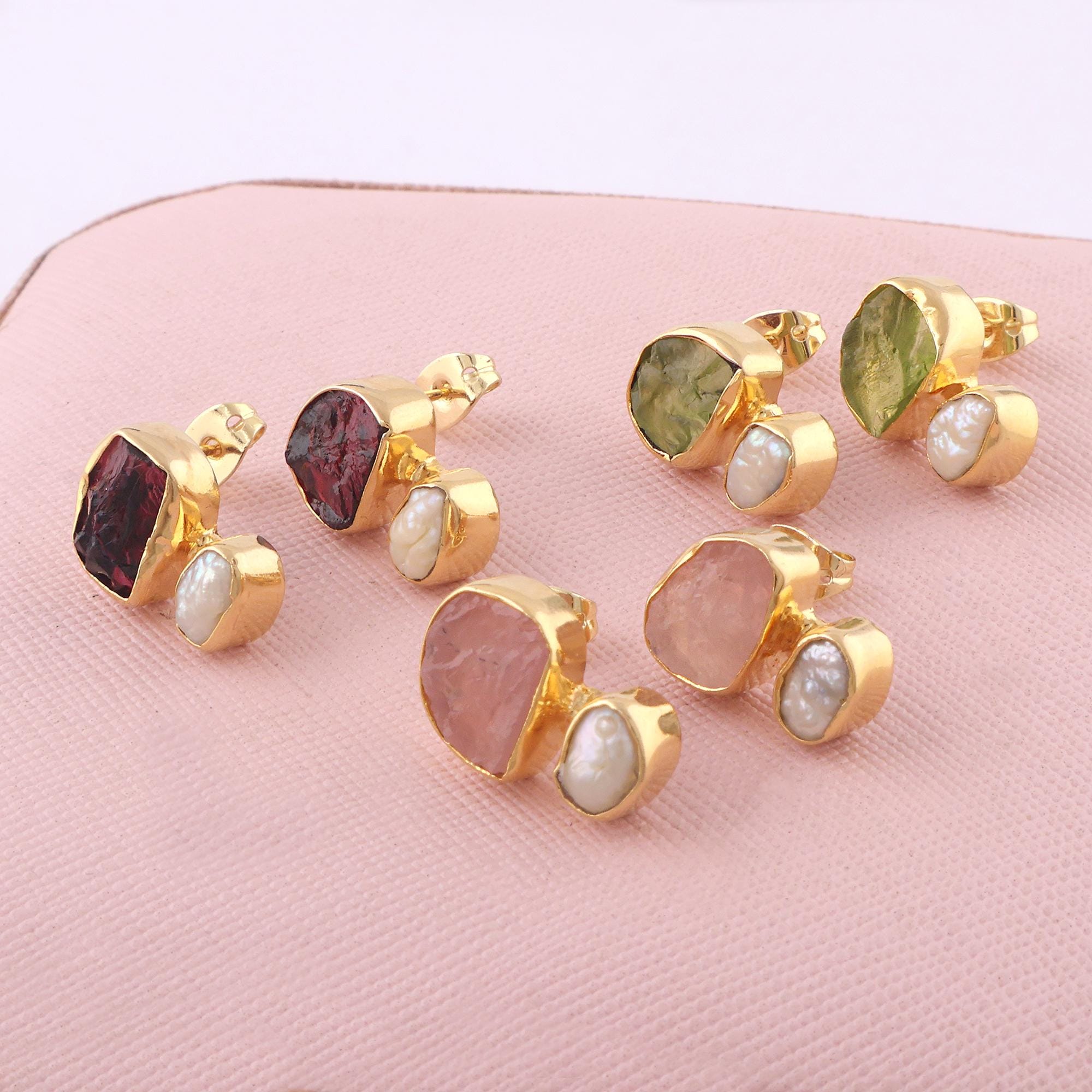 18k Gold Plated Raw Stone Stud Earrings with Pearl