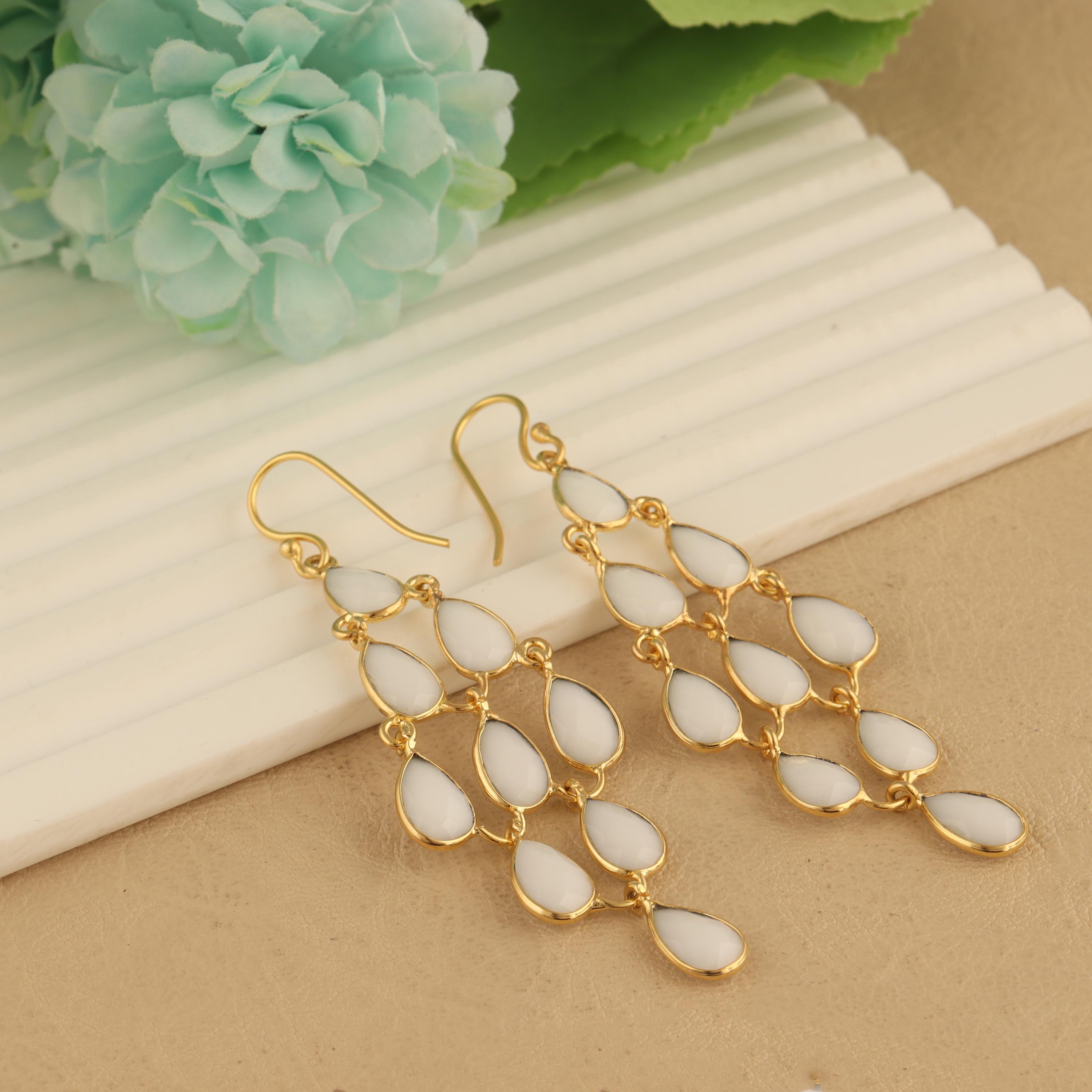 Handmade Teardrop White Agate Earrings: Gold Plated Silver on Brass