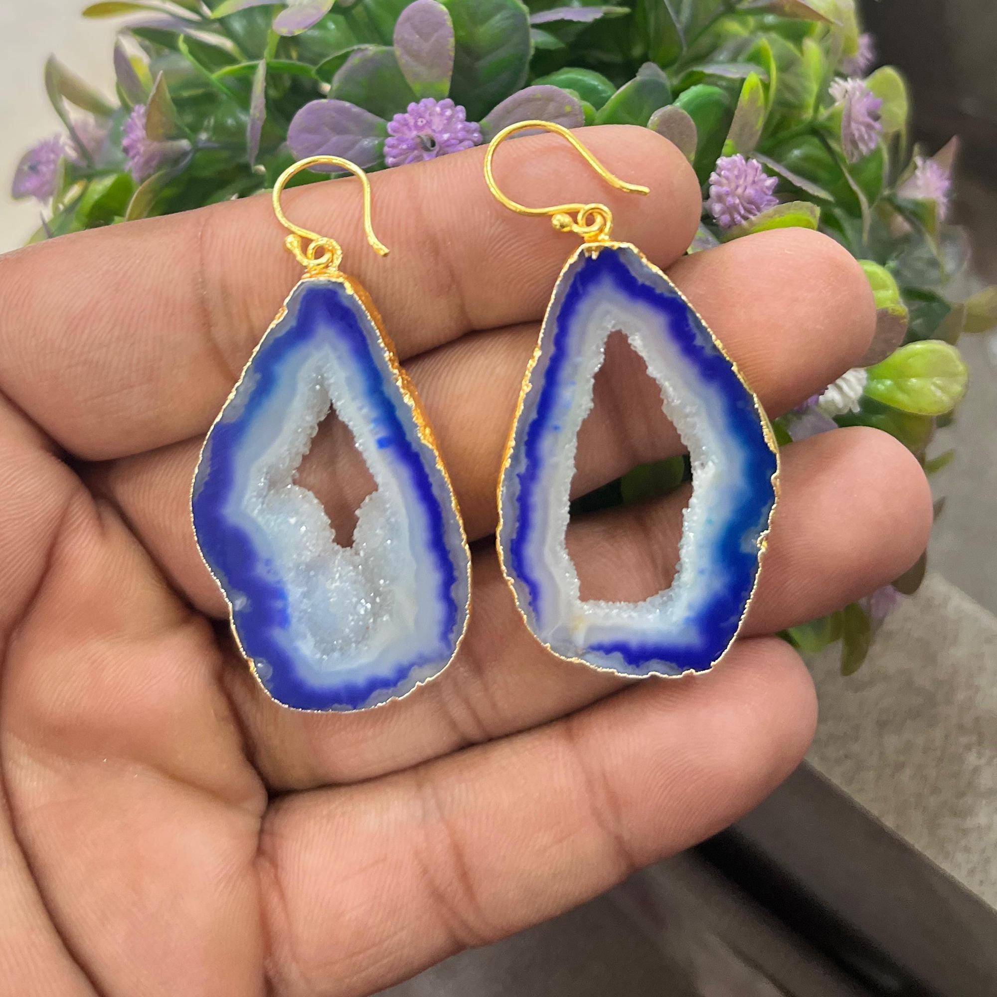 Handmade Blue Agate Geode Earrings: Gold Plated Boho Dangle