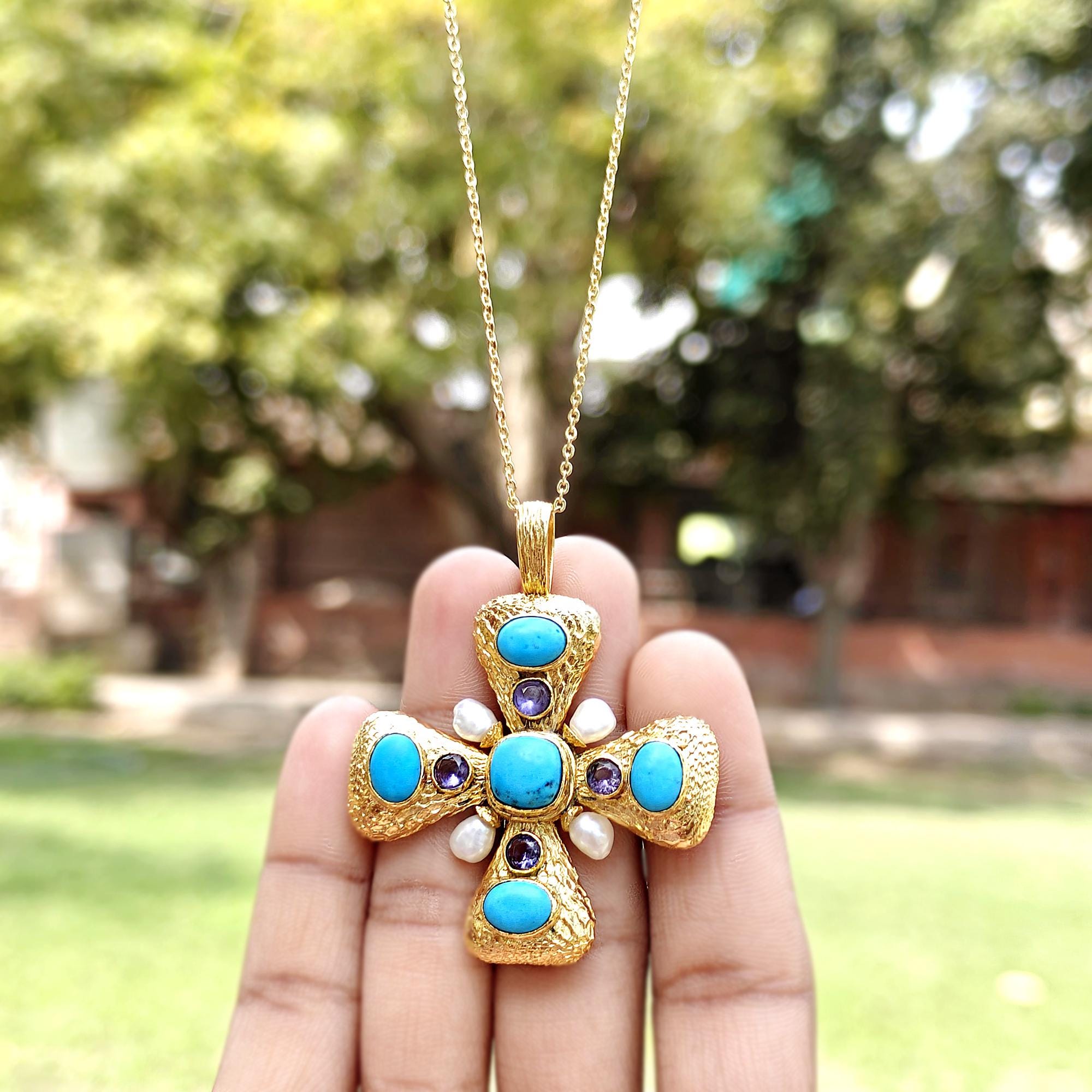 Gold Cross Multi Gemstone Pearl Drops Necklace – Chrysoprase
