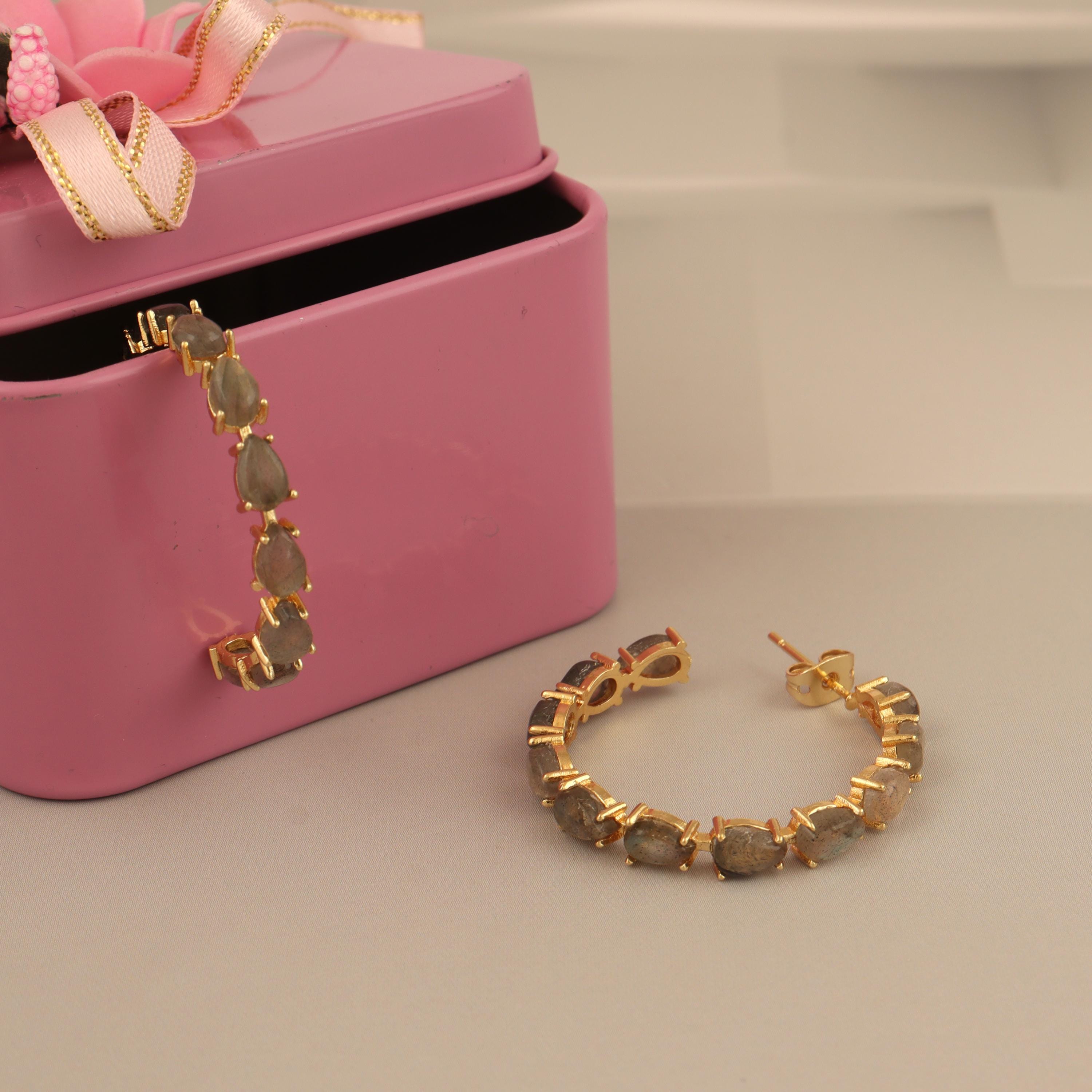 Handmade Labradorite Hoop Earrings: 18k Gold-Plated